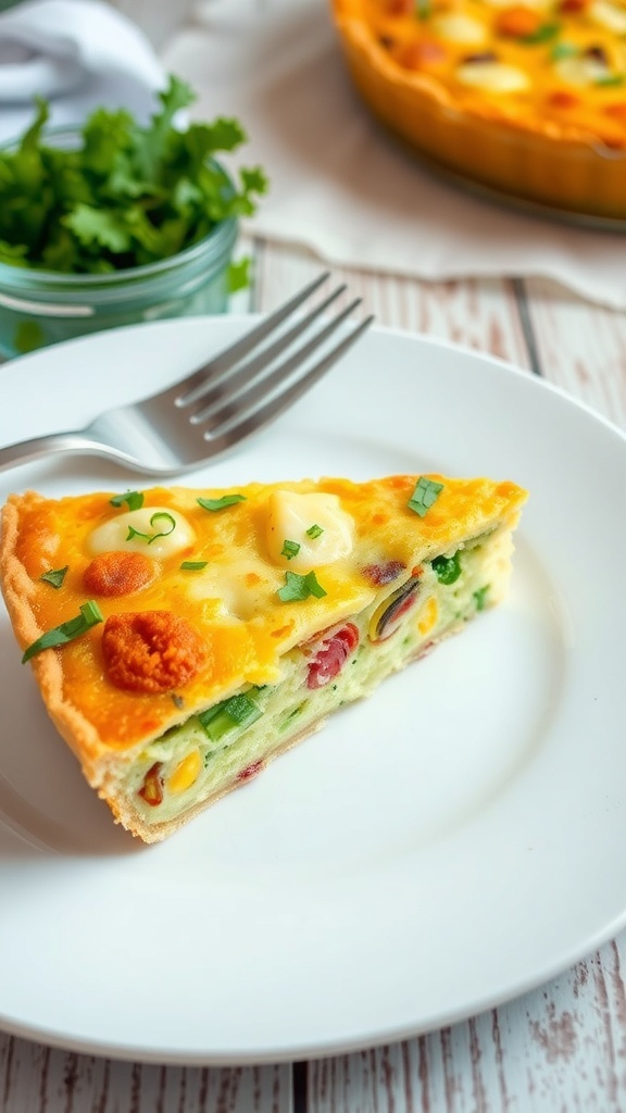 A slice of crustless quiche with vegetables and cheese on a plate, garnished with herbs, on a wooden table.
